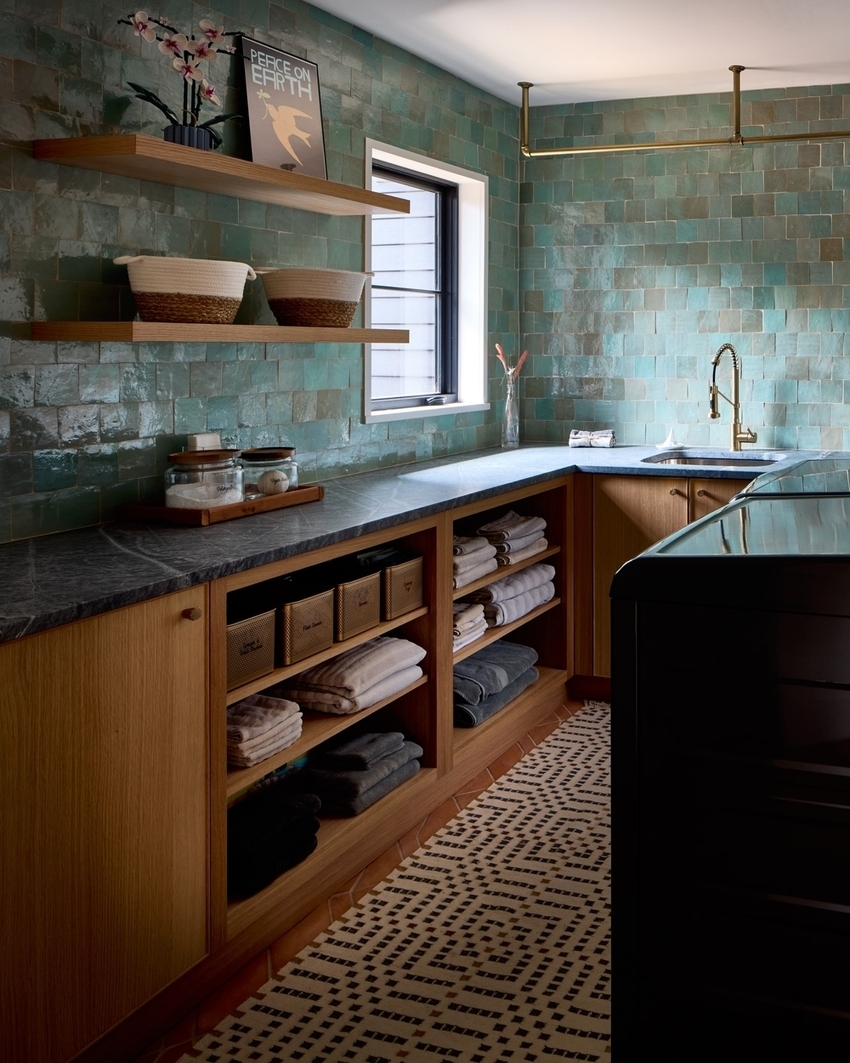 custom designed kitchen remodel in dc metro area with green backsplash and wood cabinetry
